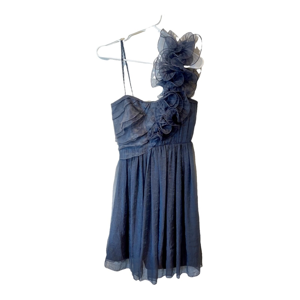 BCBGeneration Navy Organza Ruffle One Shoulder Mini Dress Size 0 Wedding Guest - Picture 3 of 12